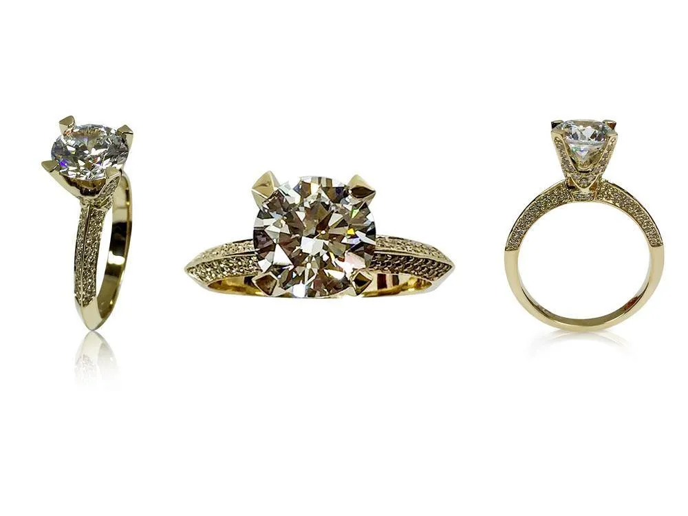 3 carat Round Cubic Zirconia Tall Engagement Ring Pave Knife Shank 14K Yellow Gold