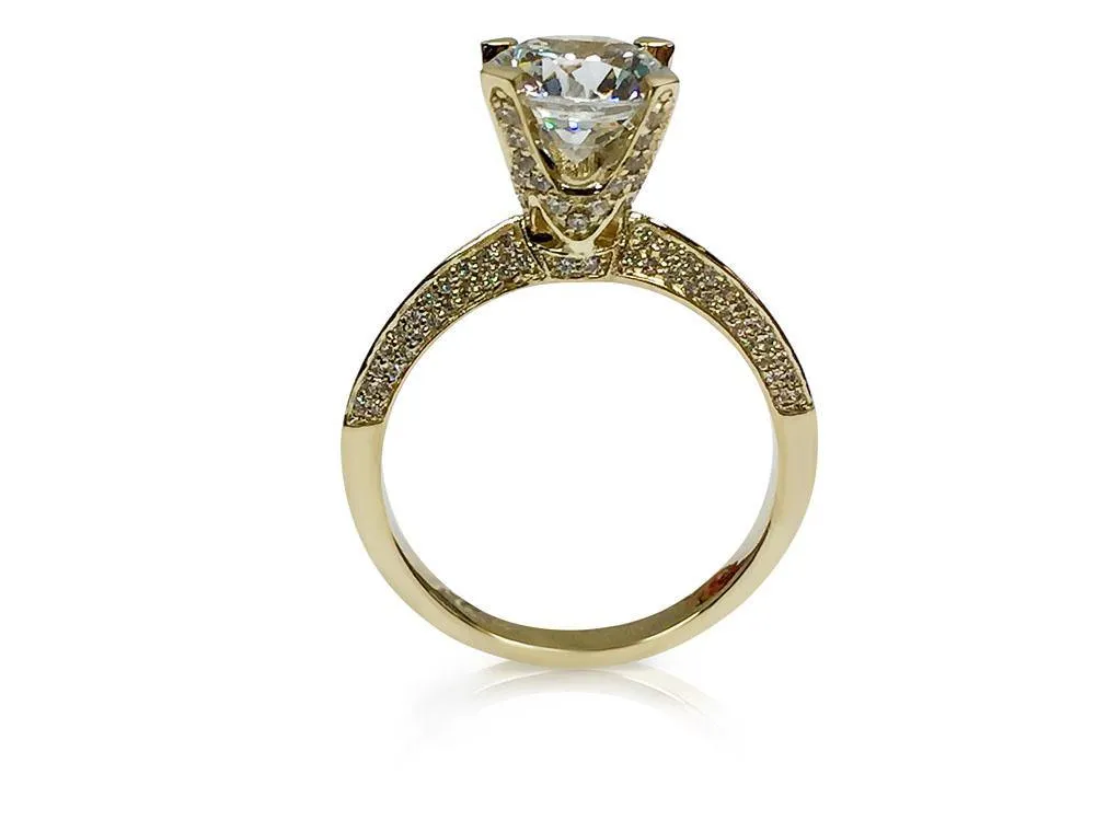 3 carat Round Cubic Zirconia Tall Engagement Ring Pave Knife Shank 14K Yellow Gold