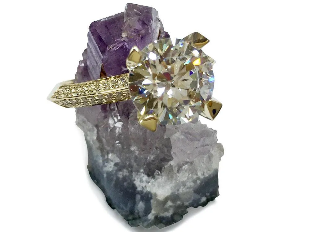 3 carat Round Cubic Zirconia Tall Engagement Ring Pave Knife Shank 14K Yellow Gold