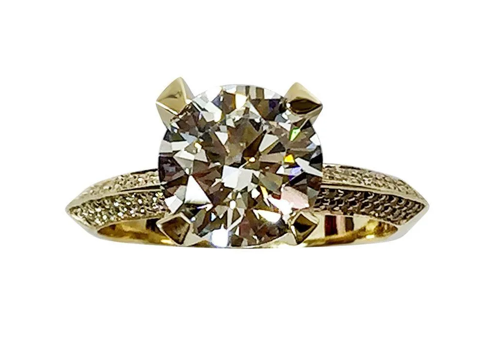 3 carat Round Cubic Zirconia Tall Engagement Ring Pave Knife Shank 14K Yellow Gold