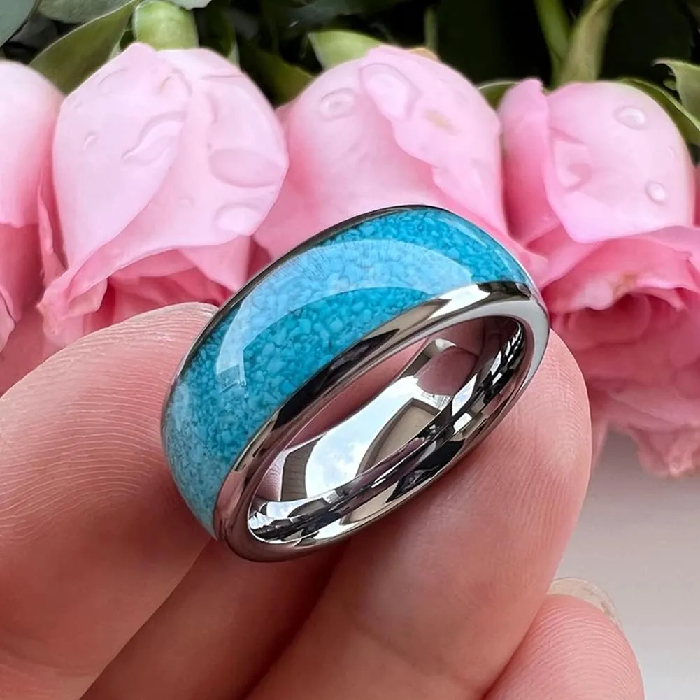 4mm 6mm 8mm Tungsten Rings for Men Women Engagement Wedding Bands Crushed Turquoise Inlay Domed I Love You Engraved Comfort Fit