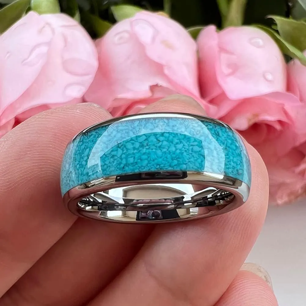 4mm 6mm 8mm Tungsten Rings for Men Women Engagement Wedding Bands Crushed Turquoise Inlay Domed I Love You Engraved Comfort Fit