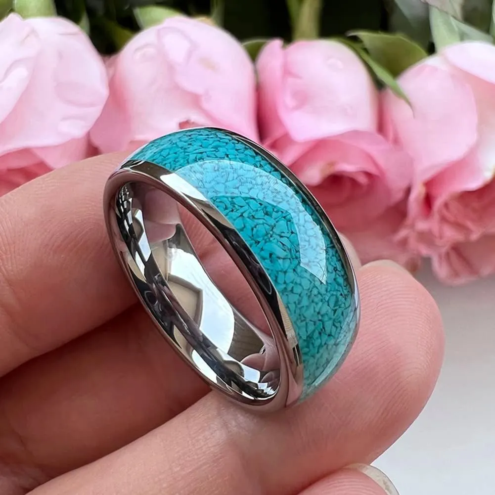 4mm 6mm 8mm Tungsten Rings for Men Women Engagement Wedding Bands Crushed Turquoise Inlay Domed I Love You Engraved Comfort Fit