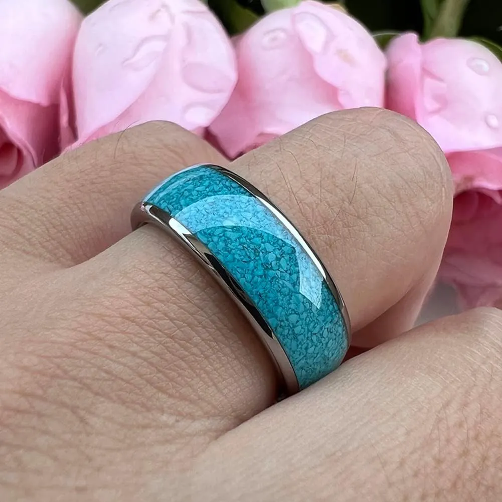 4mm 6mm 8mm Tungsten Rings for Men Women Engagement Wedding Bands Crushed Turquoise Inlay Domed I Love You Engraved Comfort Fit