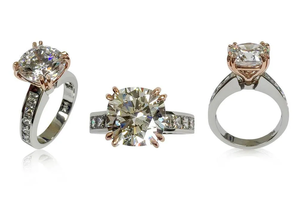 6 Carat Cushion Cut Cubic Zirconia Rose Gold Double Wire Prongs Two tone Engagement Ring- The Lisa RIng