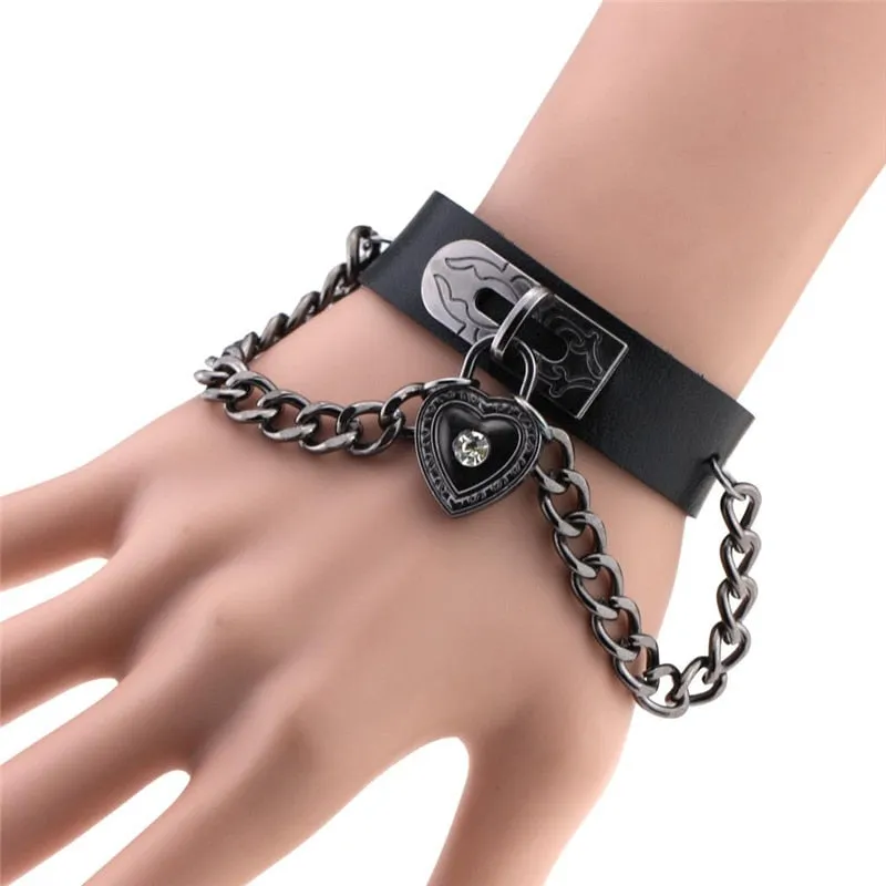 Black Leather Wristband Bracelet Cuff goth gothic bar punk bracelets women men armbands cosplay can be adjusted jewelry