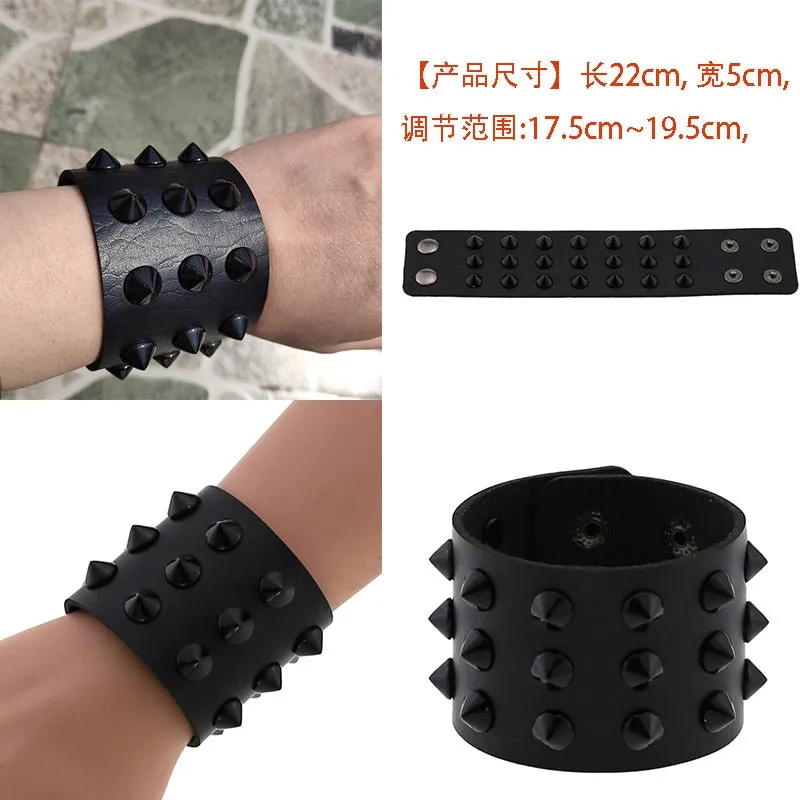 Black Leather Wristband Bracelet Cuff goth gothic bar punk bracelets women men armbands cosplay can be adjusted jewelry