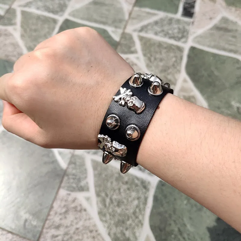 Black Leather Wristband Bracelet Cuff goth gothic bar punk bracelets women men armbands cosplay can be adjusted jewelry