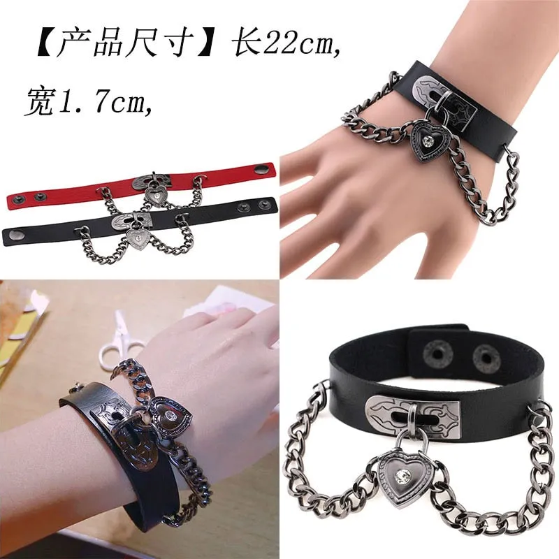 Black Leather Wristband Bracelet Cuff goth gothic bar punk bracelets women men armbands cosplay can be adjusted jewelry