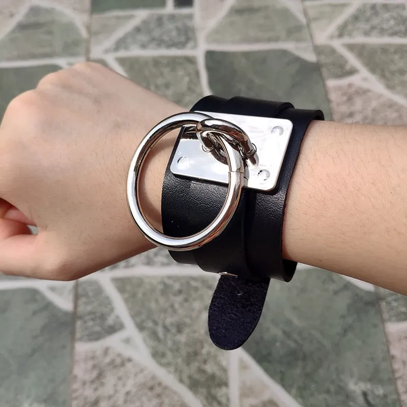 Black Leather Wristband Bracelet Cuff goth gothic bar punk bracelets women men armbands cosplay can be adjusted jewelry