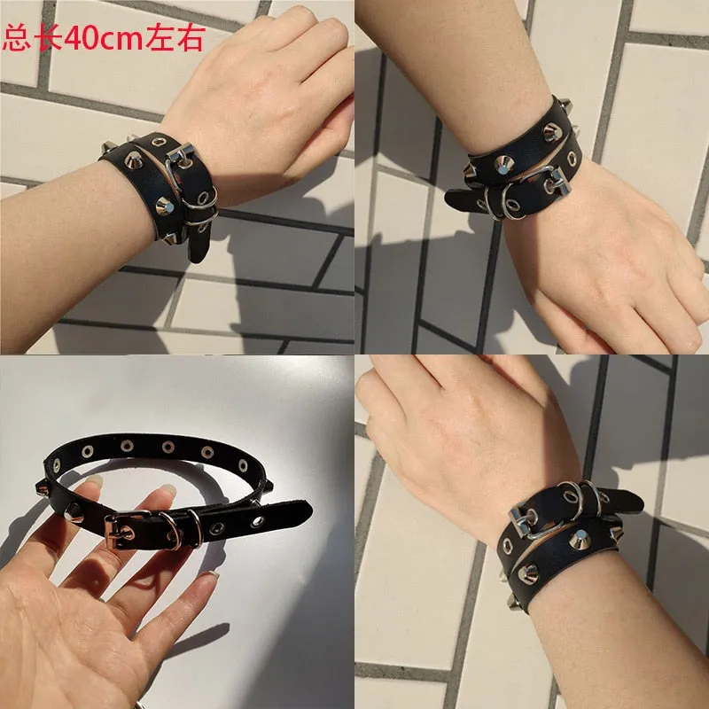 Black Leather Wristband Bracelet Cuff goth gothic bar punk bracelets women men armbands cosplay can be adjusted jewelry
