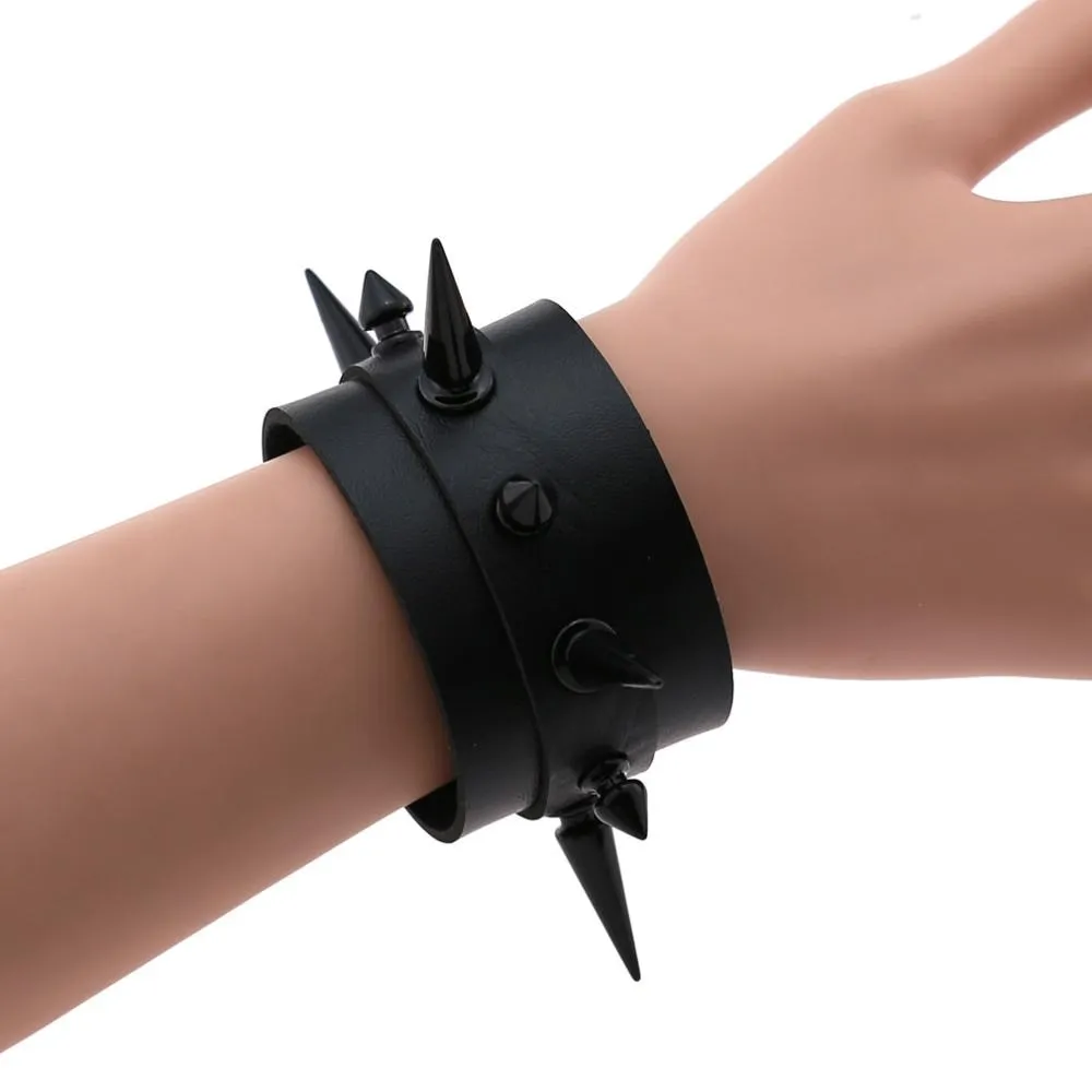 Black Leather Wristband Bracelet Cuff goth gothic bar punk bracelets women men armbands cosplay can be adjusted jewelry