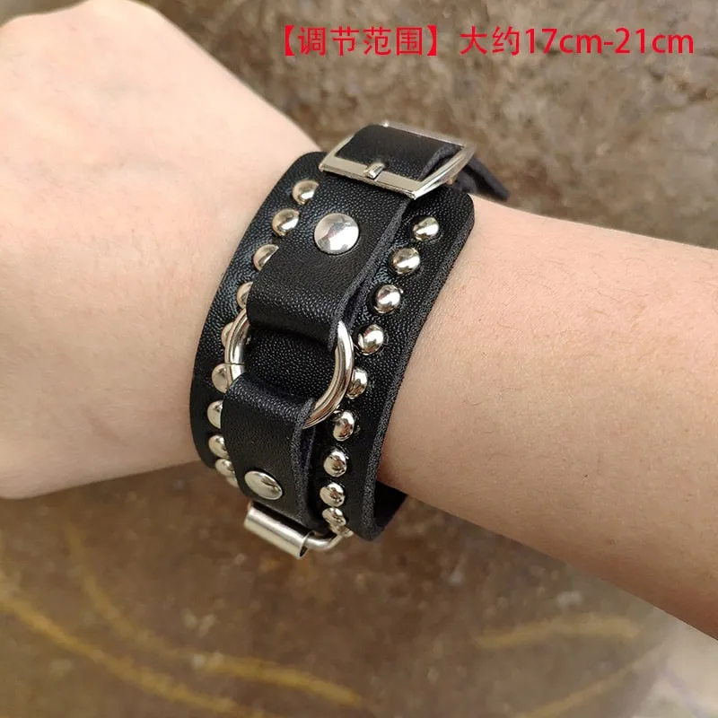 Black Leather Wristband Bracelet Cuff goth gothic bar punk bracelets women men armbands cosplay can be adjusted jewelry