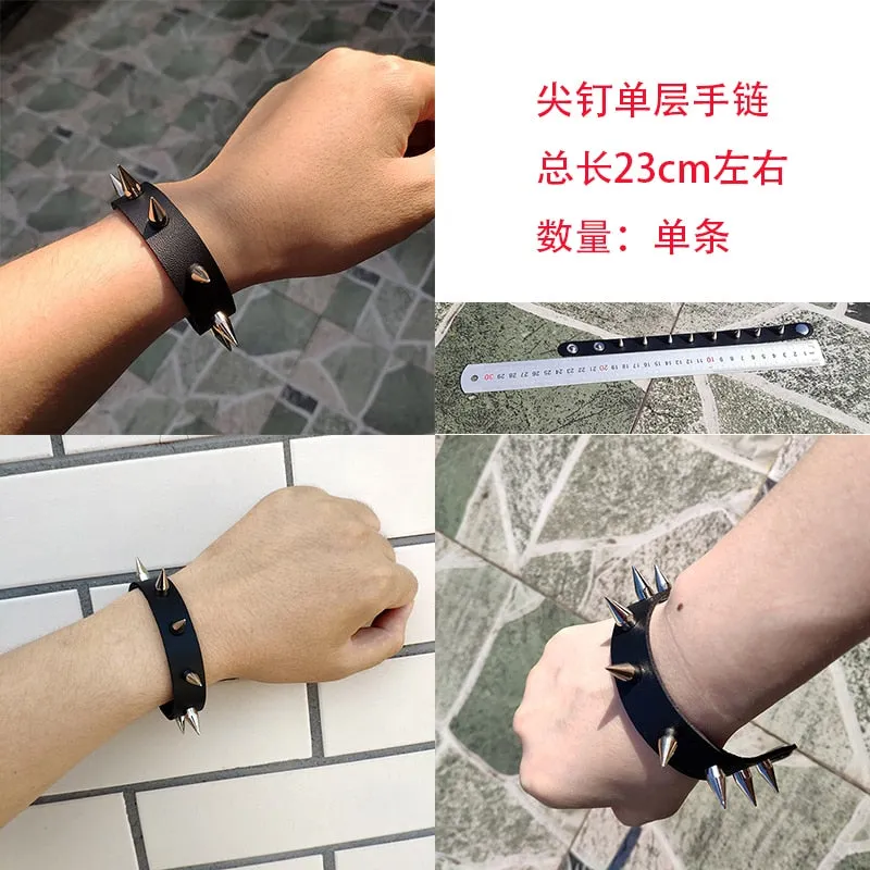 Black Leather Wristband Bracelet Cuff goth gothic bar punk bracelets women men armbands cosplay can be adjusted jewelry
