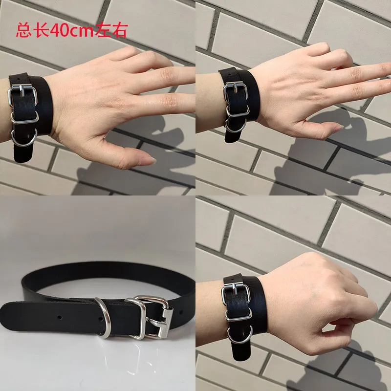 Black Leather Wristband Bracelet Cuff goth gothic bar punk bracelets women men armbands cosplay can be adjusted jewelry
