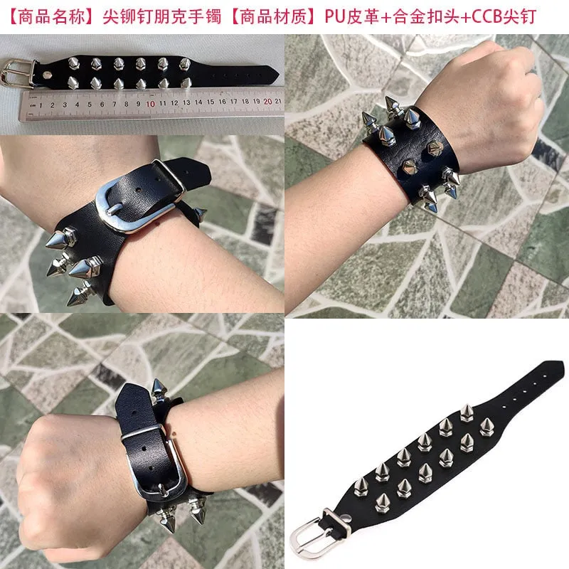 Black Leather Wristband Bracelet Cuff goth gothic bar punk bracelets women men armbands cosplay can be adjusted jewelry