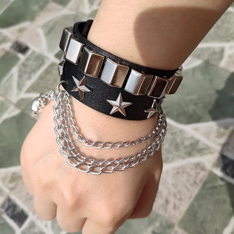 Black Leather Wristband Bracelet Cuff goth gothic bar punk bracelets women men armbands cosplay can be adjusted jewelry
