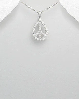 Peace Sign Teardrop CZ Diamond Pendant