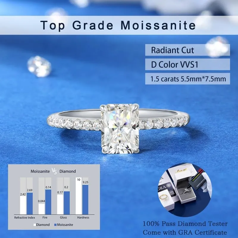 Radiant Cut Moissanite Rings for Women Halo 18K Gold Plated Sterling Silver Wedding Band 1.5 2 Carat