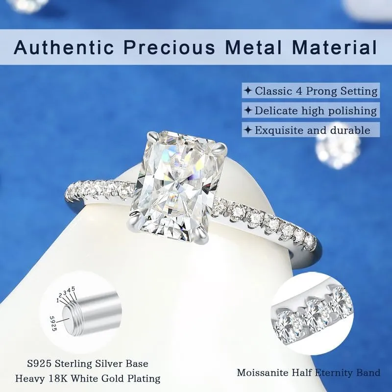 Radiant Cut Moissanite Rings for Women Halo 18K Gold Plated Sterling Silver Wedding Band 1.5 2 Carat
