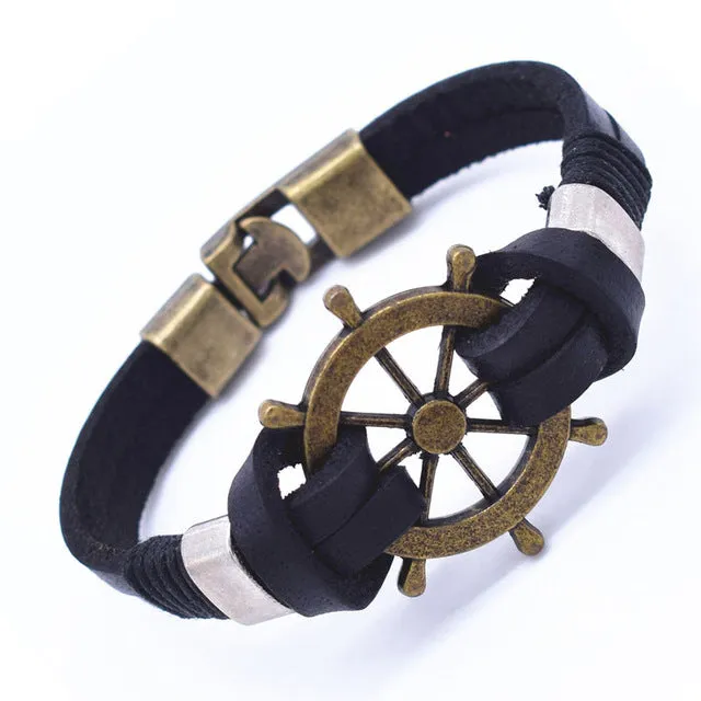 Wholesale Cuff braided Wrap Bracelet & Bangles Men Jewelry Pirate 3 Types Style Genuine Leather Anchor Bracelets Gifts