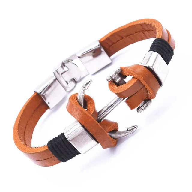 Wholesale Cuff braided Wrap Bracelet & Bangles Men Jewelry Pirate 3 Types Style Genuine Leather Anchor Bracelets Gifts