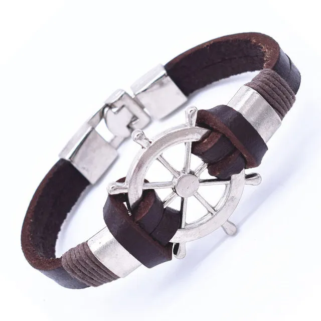 Wholesale Cuff braided Wrap Bracelet & Bangles Men Jewelry Pirate 3 Types Style Genuine Leather Anchor Bracelets Gifts