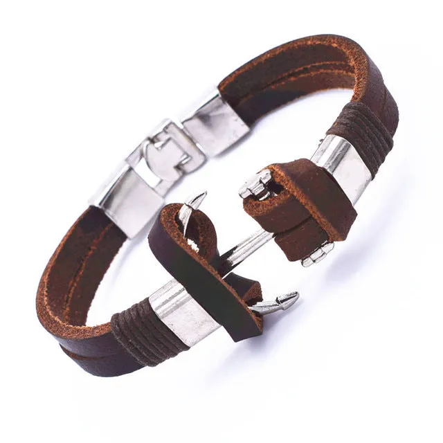 Wholesale Cuff braided Wrap Bracelet & Bangles Men Jewelry Pirate 3 Types Style Genuine Leather Anchor Bracelets Gifts
