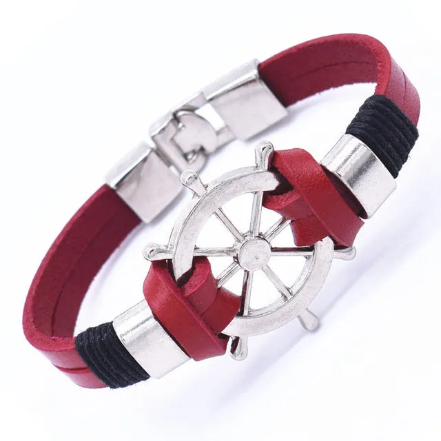 Wholesale Cuff braided Wrap Bracelet & Bangles Men Jewelry Pirate 3 Types Style Genuine Leather Anchor Bracelets Gifts
