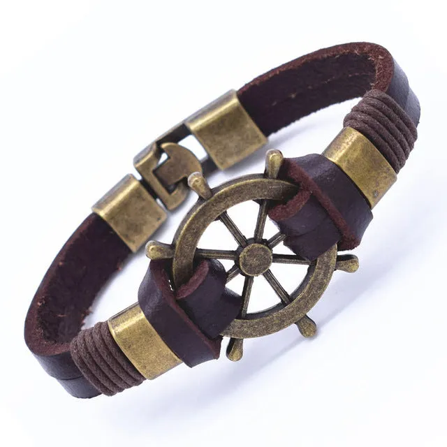 Wholesale Cuff braided Wrap Bracelet & Bangles Men Jewelry Pirate 3 Types Style Genuine Leather Anchor Bracelets Gifts