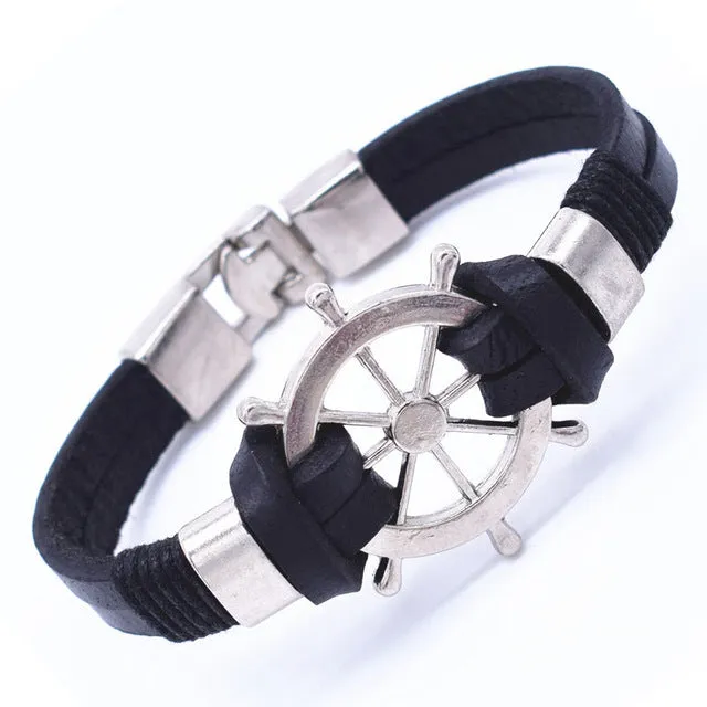 Wholesale Cuff braided Wrap Bracelet & Bangles Men Jewelry Pirate 3 Types Style Genuine Leather Anchor Bracelets Gifts